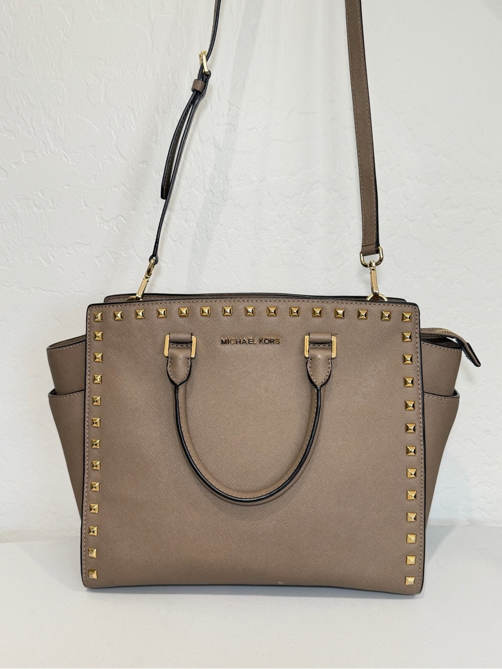 Michael Kors XL Taupe and Gold Selma Stud Satchel